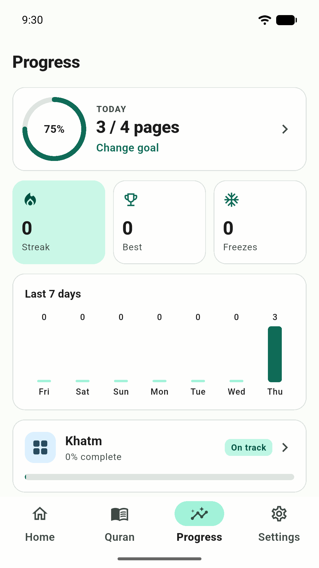 Progress: daily ring, streak, best, freezes and last 7 days